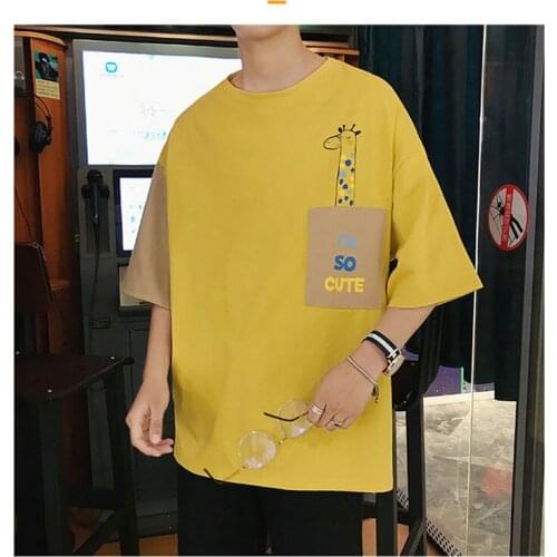 Oversized Men T Shirt Pocket Animal Print Short Sleeve O Neck Fashion Korean Harajuku Streetwear Cute Cotton Male Clothing Tops