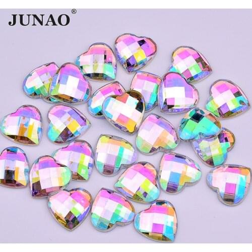 JUNAO 8 10 12 14 16 18 20 mm Crystal AB Acrylic Rhinestone Heart Shape Strass Applique Scrapbook Bead Flat Back Gems for Clothes