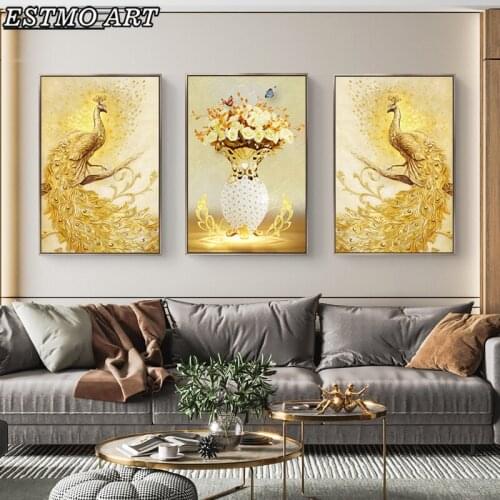 Golden Peacock Vase Canvas Print Decorative Canvas Painting Luxurious Wall Pictures Abstract Animal Posters Living Room Decor