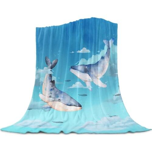 Whale White Cloud Blue Sky Watercolor Throw Blanket for Sofa Christmas Decoration Bedspread Portable Microfiber Flannel Blanket