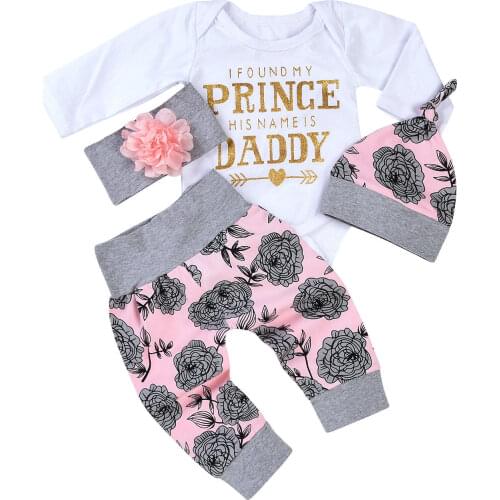 0-18M PRINCE DADDY Clothing 4Pcs set Newborn Baby Girls Tops Romper +Long Pants Outfits Clothes