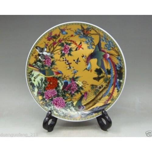 Hermoso chino coleccionables decoración antigua hecha a mano porcelana dibujo pájaros y plato de Fénix