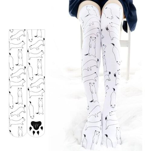 Lolita Fashion Stockings Hand Drawn White Cat Velvet Long Stocking Long Overknee Tights Socks For Women