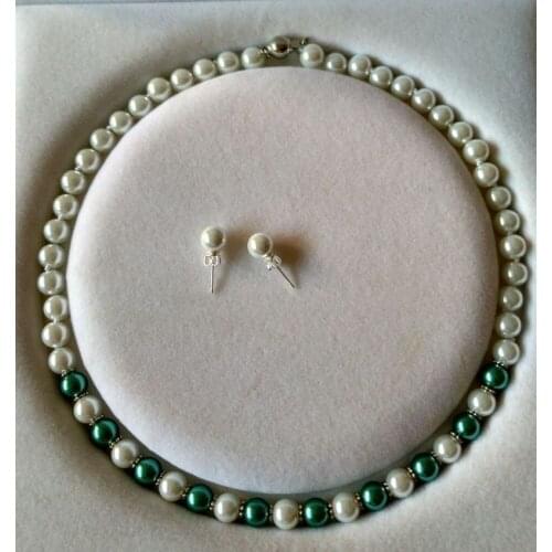 Wholesale good 8MM White /Dark green stone gems South Sea Shell Pearl necklace + earrings set 18"