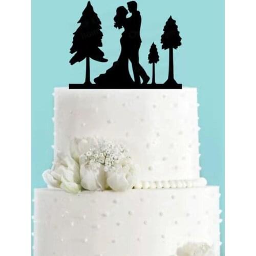 Autumn Forest Couple Wedding Cake Topper Bride and Groom Fall Mountain Wedding Decorations Black Acrylic Cake Topper