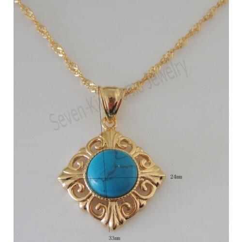 YELLOW GOLD OVERLAY COATED 18" NECKLACE& SHINNING SQUARE SHAPED BLUE STONE PENDANT
