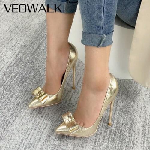 Veowalk Glitter Gold Bow Women Pointed Toe Stiletto Pumps Ladies Slip On High Heel Wedding Dress Shoes Plus Size 33-45 8-12cm