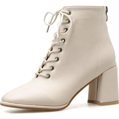 Shoes For Women 2021 Autumn Winter Roman Lace-up All-match PU Thick High Heels Ankle Martin Boots Plus Velvet Popular British St