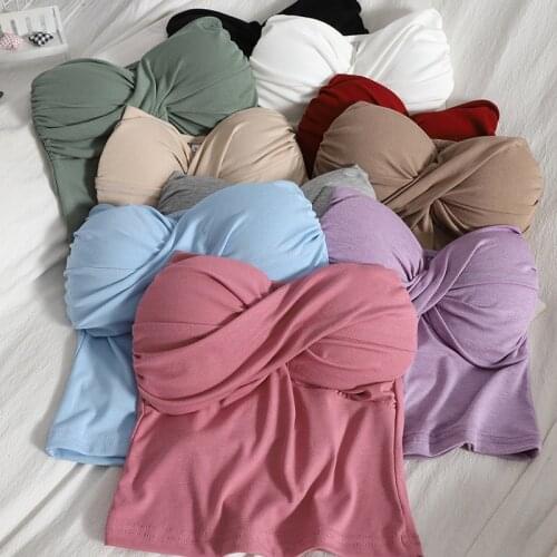 Stretchy Padding Bandeau Summer Sexy Slash Neck Cropped Tubes With Pads Women Strapless Camisole Crop Tops For Girls