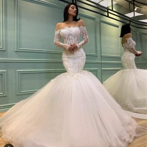 Gorgeous Lace Off The Shoulder Long Sleeves Wedding Dresses Lace Up Back Mermaid Bridal Gowns Tulle Sweep Train Vestido De Novia