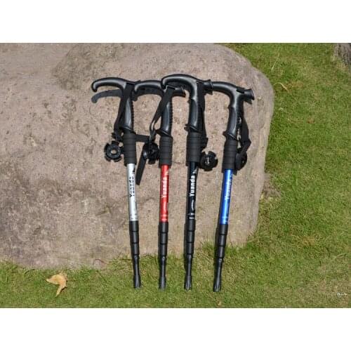1x T-handle 4-section telescopic walking Cane Aerial Aluminium Alloy alpenstock antishock hiking climbing stick trekking pole
