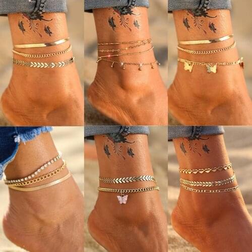 3PCS/Set Bohemian Gold Color Snake Chain Anklets For Women Beach Foot Jewelry Leg Butterfly Charms Chain Ankle Bracelets Jewelry