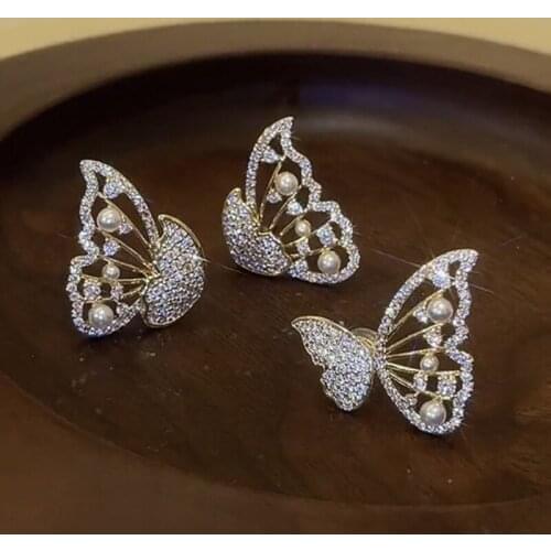 ALLNEWME Luxury Full Shinning Rhinestone Hollow Butterfly Dangle Earrings for Women Ladies Simulation Pearl Earrings Accessories
