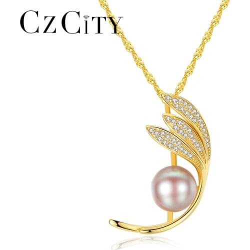 CZCITY Brand New Natural Freshwater Pearl Silver Pendant Necklace Feather Shape Jewelry for Women 925 Silver Jewelry Girls Gift