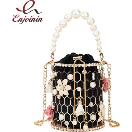 Flowers Rhinestones Metal Bucket Women Luxury Purses and Handbags Designer Bag Pearls Clutch Bag Evening Bag Ladies Tote Bag