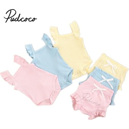 2021 Baby Summer Clothing Baby Girl Tops, Lace Up Pants Suit, Square Neck Short Ruffle Sleeve Romper, Loose Flouncing Shorts