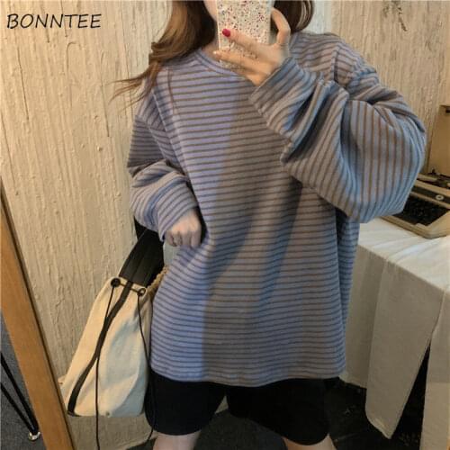 Long Sleeve T-shirts Women Oversize Loose Striped Basic Tees Students All-match Simple Lazy Female Korean Style Daily Harajuku