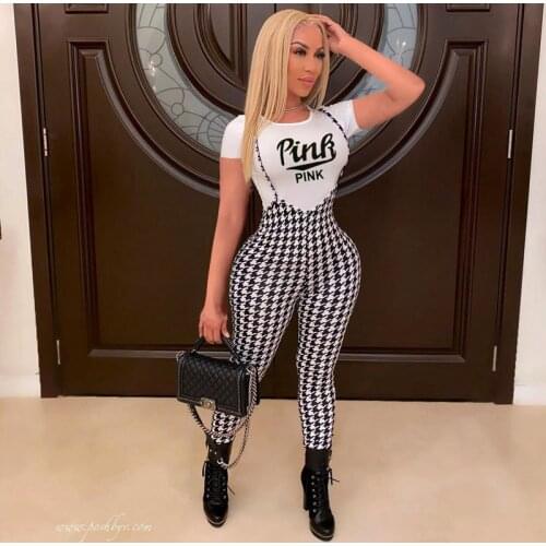 TNNAOFF Aesthetic Two Piece Tracksuits Women Set Letter Short Sleeve T Shirt Sexy Houndstooth Jumpsuits Overalls Matching Sets