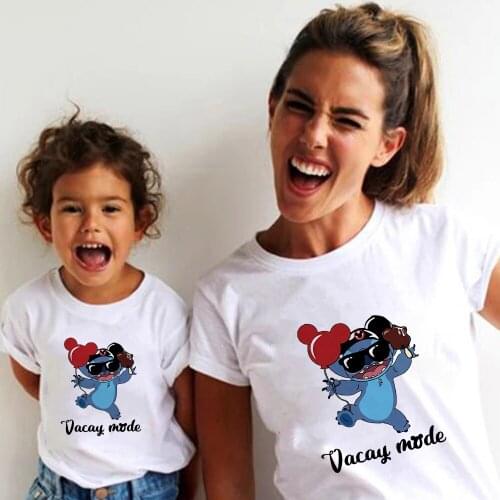 Harajuku Summer Stitch Tops Casual Cartoon Sisters Clothes Fashion All-match Womens Short Sleeve Couple Tshirt Kids Clothing