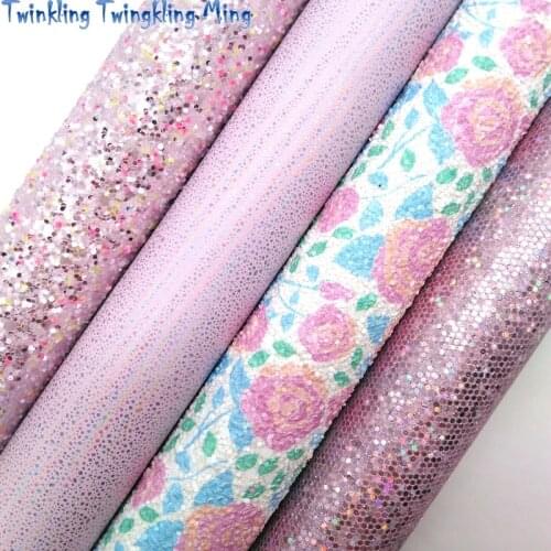 Twinkling Twinkling Pink Rose Printed Chunky Glitter Leather Mesh Glitter Vinyl Iridescent Faux Synthetic Vinyl 21X29CM KM540