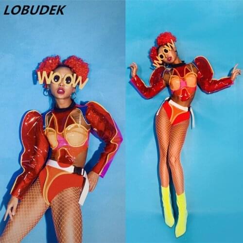 Nightclub DJ Women Dancer Singer Stage Wear Sexy Transparent Red Bodysuit Mask Outfit Club Party Show Funny Performance Costume
