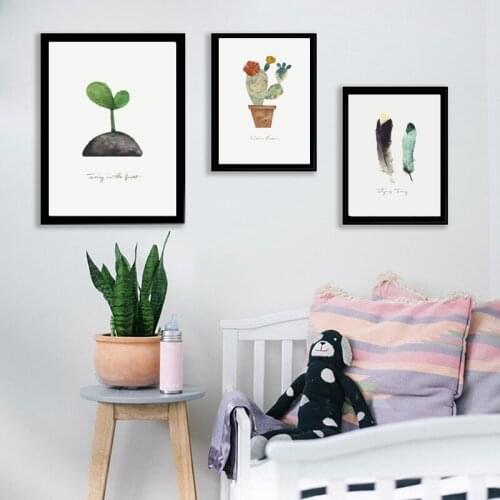 Nordic Watercolor Plants cute cactus Decorative Wall Painting feather Canvas Art Print Wall Pictures Home Decoration