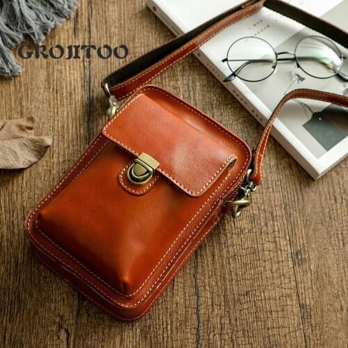 GROJITOO New Vegetable tanned leather hand-painted leather shoulder messenger bag mens first layer cowhide waist bag