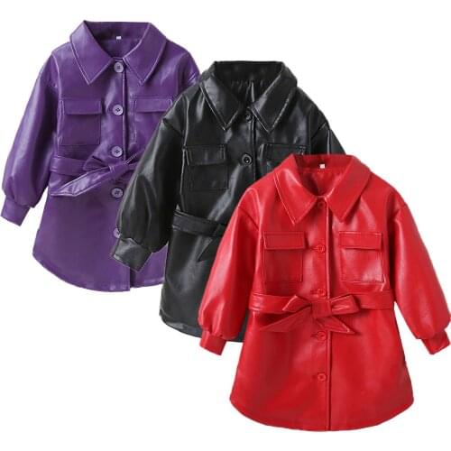 Citgeett Autumn Kids Girls Solid Color Jacket Tie-up Button-down PU Long Sleeve Outerwear Pockets Spring SUit Clothes