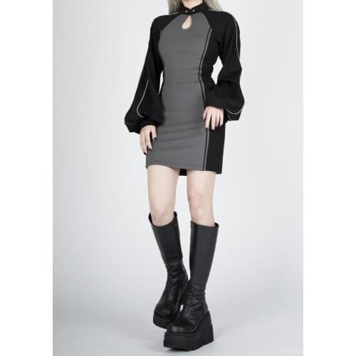 Ruibbit Punk Black Gry Mini Bodycon Dress Vintage Cheongsam Long Sleeve Women Dress Streetwear Gothic Female Dresses