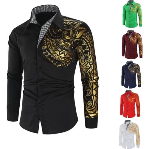 Luxury Gold Black Shirt Men New Slim Fit Long Sleeve Camisa Masculina Gold Black Chemise Homme Social Men Club Prom Shirt
