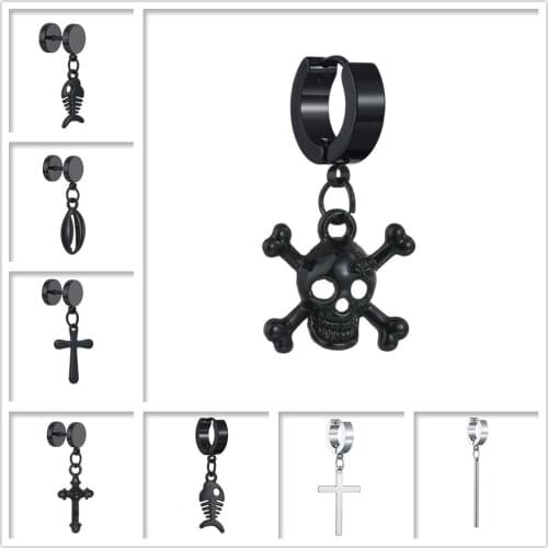 Charm Cross/Fish/Shell/Skull/Dumbbell/Stick Dangle Steel Ear Stud Bars Simple Stud Earrings Piercing for Men Women Jewelry