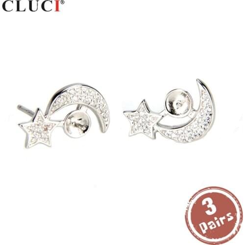 CLUCI 3 pair 925 Sterling Silver Pearl Earrings Mounting for Women Silver 925 Star And Moon Shaped Stud Earrings SE035SB