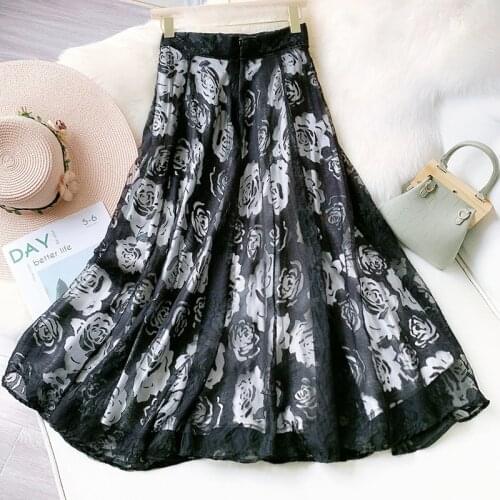 Wasteheart New Women Fashion Black High Waist Ruffles Pleated A-Line Ankle Length Long Skirt Mesh Clothing Ball Gown Embroidery