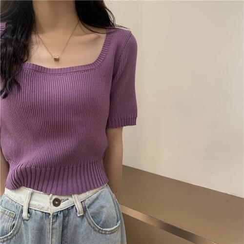 Purple Ice Silk Short Sleeve T-shirt Women 2021 New Summer Solid Korean Fashion Square Neck Pullover Thin Knitted Tops Y302