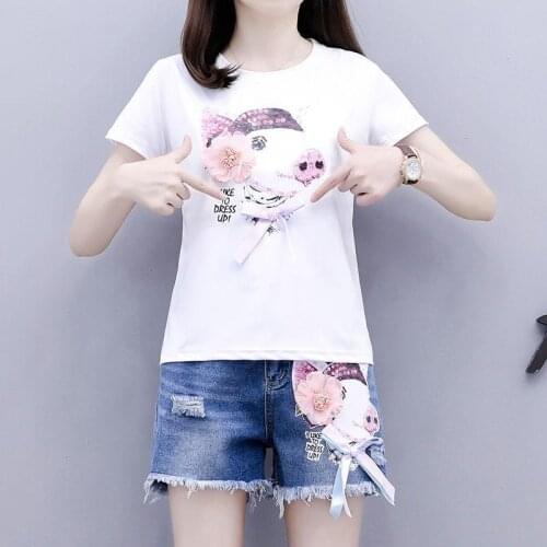 Women Suits Summer 2021 New Short-Sleeved Cartoon Printed T-Shirt + Women Casual High Waist Hole Ripped Denim Shorts