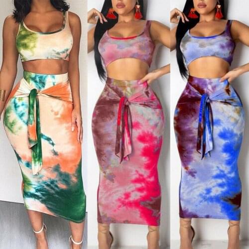 Womens 2 Piece Strappy Crop Tops Bodycon Skirts Club Set Party Holiday Maxi Dress Two-Piece Blooming Skirt