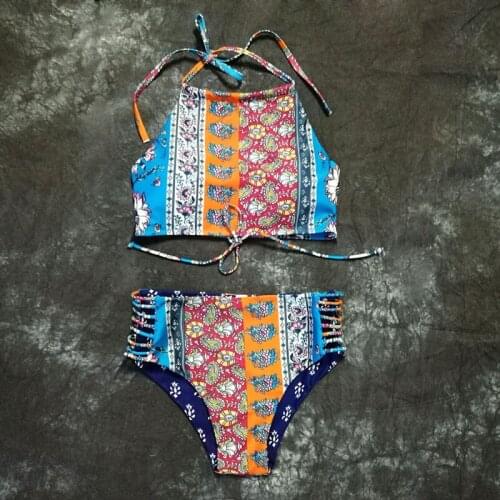 Women Print Tube up Two-Piece Halter Tankini High Collar Bikini Set Push-Up Swimsuit Swimwear Beachwear Bikini