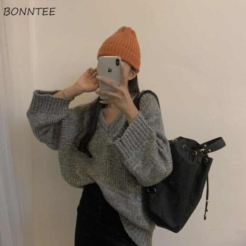 Sweater Pullovers Women Autumn V-neck Solid Gray Simple All-match Loose Design Clothing Elegant Tender Soft Warm Ulzzang Trendy