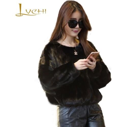 LVCHI Winter New 2019 Imported Mink Coat Womens Natural Fur Coat Mink Coat Slim O-Neck Black Cool Lady Short Mink Fur Coats