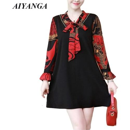 New L-5XL Causal Dress Women 2019 Spring Dresses Long Sleeve Fashion Patchwork Print Dresses Plus Size Loose Dress Female