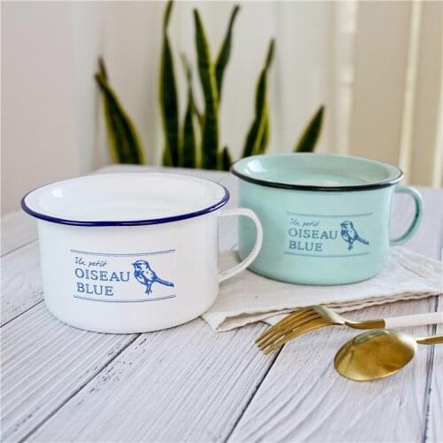 14 cm Retro enamel green bird instant noodle cup lunch box Japanese instant noodle bowl home with cover instant noodle cup