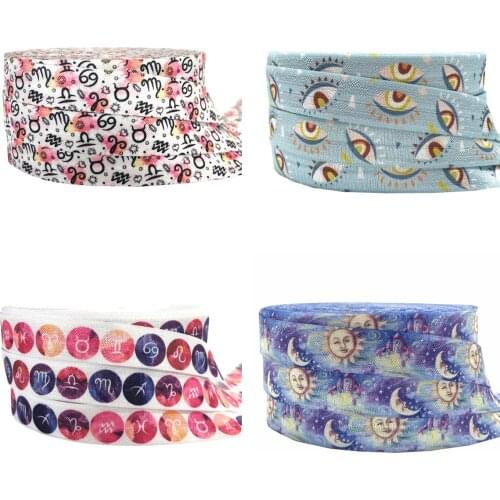 10Yards 16mm Flower Moon Printed Fold Over Elastic Small Moon FOE Handmade Accessories DIY Hair Tie Party Decor Ribbon