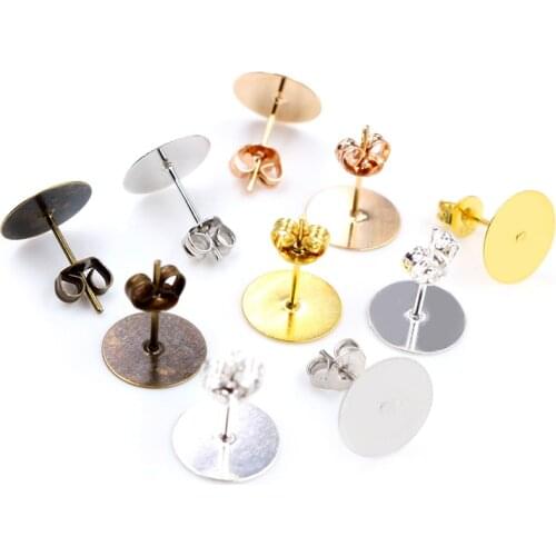 4mm 6mm 8mm 10mm 12mm 100pcs/Lot Fashion 5 Colors Stainless Iron Earring Studs blank base Earring Post (with Stopper) Base