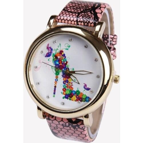 New Geneva PU Leather High Heels Flowers Watch Woman Vintage Retro women wristwatch Golden rim girl dama