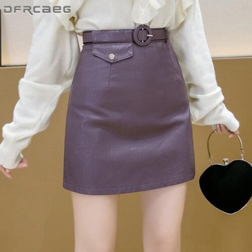 Purple PU Leather Women Mini Skirt With Belt 2021 Autumn Winter Casual Bodycon Slim Lady Short Pu Leather Skirts Black