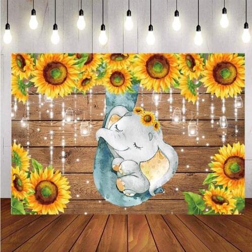 Sunflower Elephant Party Backdrop Retro Rustic Wooden Floor Baby Shower Birthday Photography Background Photo Booth Props