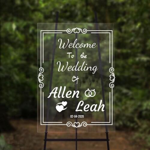 Customizable Name With Wedding Ring and Hearts Welcome Signage Sticker Template Welcome Glass Board Removable Sticker A006781