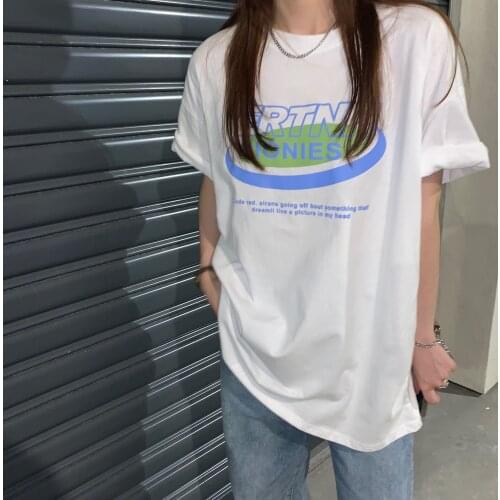 Summer new T-shirt letter printing all-match half-sleeved round neck loose mid-length T-shirt college style female