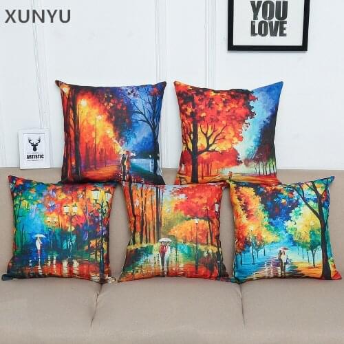 XUNYU European Style Oil Painting Landscape Pattern Linen Pillowcase Printing Cushion Cover Home Sofa Square Throw Pillow Cover