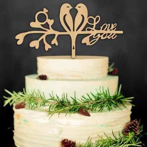 "Love You" with Two Birds Wooden Cake Topper Rustic Wedding Cake Toppers for Village Style Wedding Decorations Supplies